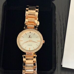 iXe Rose Gold Watch Diamond Accent Bezel Bracelet Watch